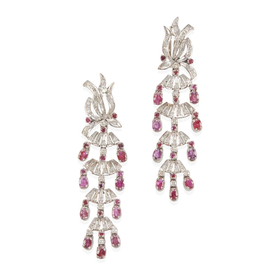 SILVER, DIAMOND AND RUBY EARRINGS: SILVER, DIAMOND AND RUBY EARRINGS • Silver • Numerous diamonds of decorative quality • Numerous oval and round rubies weighing approximately 10.00 - 10.20 carats total •