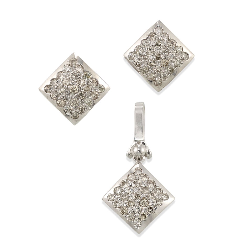14K GOLD AND DIAMOND PENDANT AND EARRINGS: 14K GOLD AND DIAMOND PENDANT AND EARRINGS • Pair of 14K white gold earrings with numerous round shaped diamonds weighing approximately 0.50 carat total, measures 5/8 in. x 5/8 in. • One
