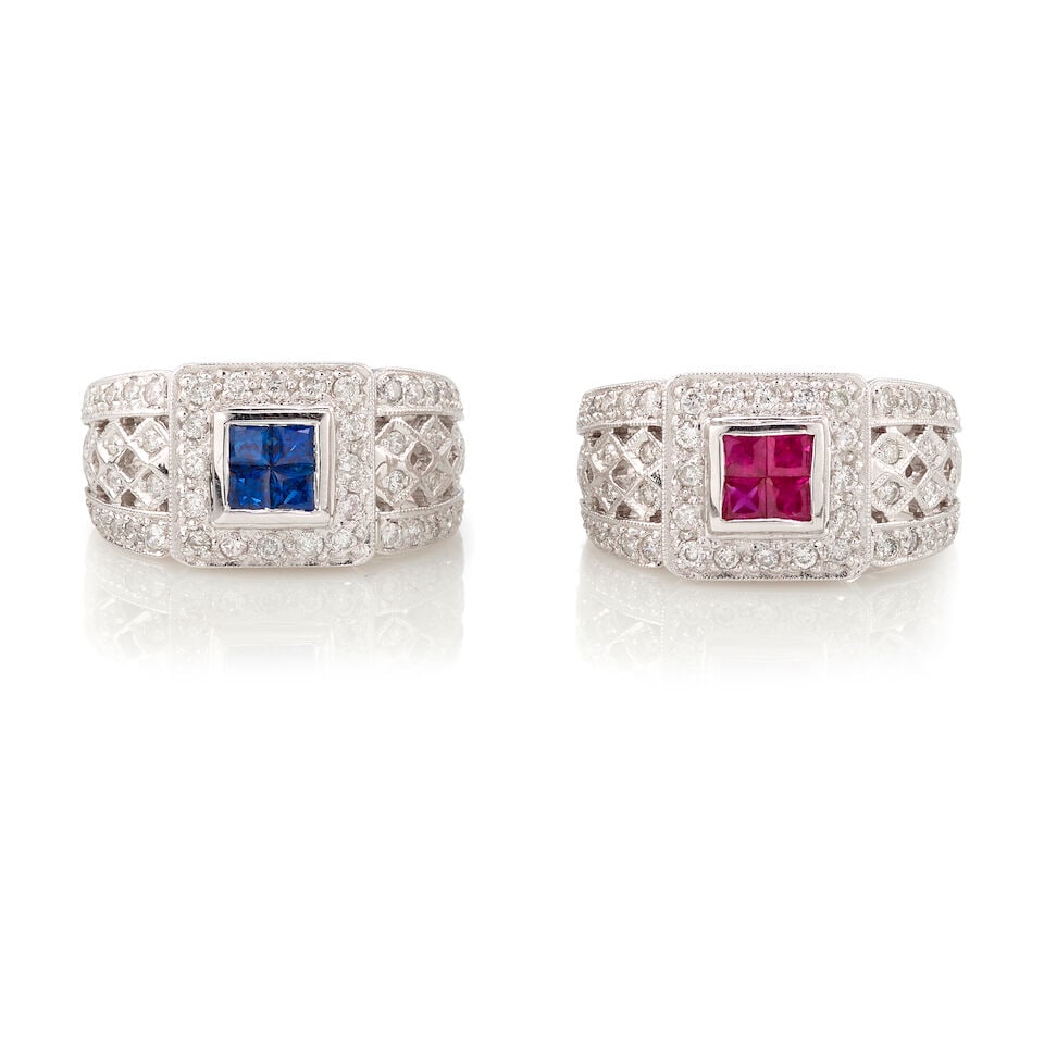 TWO 14K GOLD, SYNTHETIC SAPPHIRE, RUBY, AND DIAMOND RINGS (1 of 2)