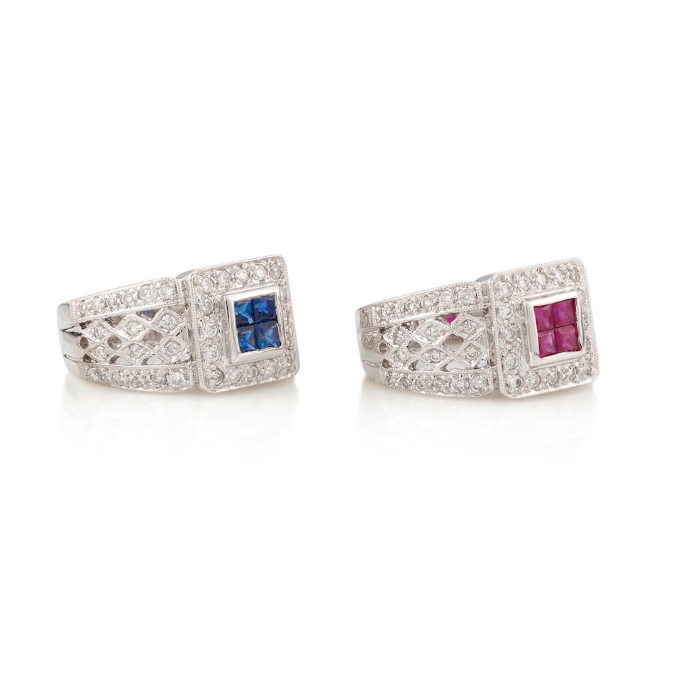 TWO 14K GOLD, SYNTHETIC SAPPHIRE, RUBY, AND DIAMOND RINGS - 2