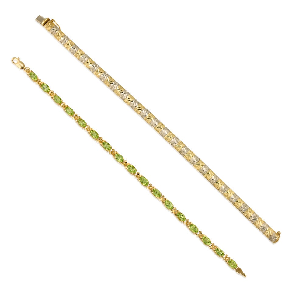 ONE GOLD AND ONE PERIDOT BRACELET: ONE GOLD AND ONE PERIDOT BRACELET • One 12K yellow gold bracelet with 17 oval shaped peridots weighing approximately 5 carats total, length 6 3/4 in. • One bicolored yellow and white gold