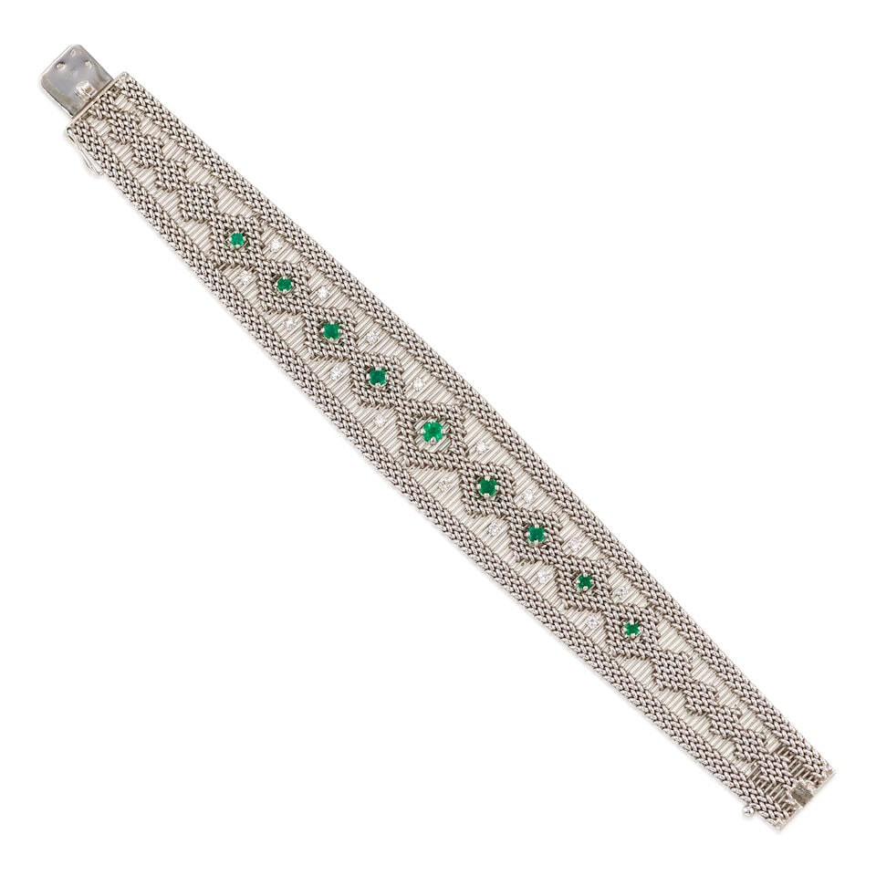 18K GOLD, DIAMOND AND EMERALD BRACELET: 18K GOLD, DIAMOND AND EMERALD BRACELET • 18k white gold • 16 round single-cut diamonds weighing approximately 0.40 - 0.50 carat total • 9 round emeralds weighing approximately 0.65