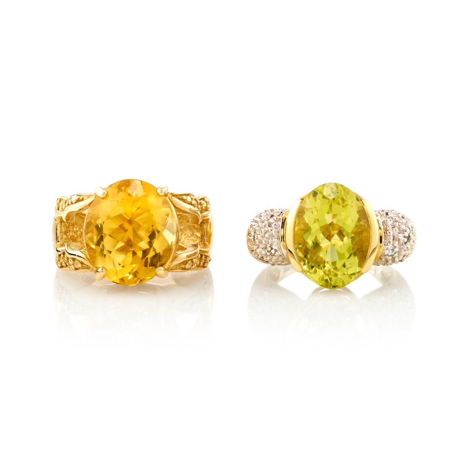 TWO 14K GOLD, CITRINE, PERIDOT, AND DIAMOND RINGS (1 of 2)