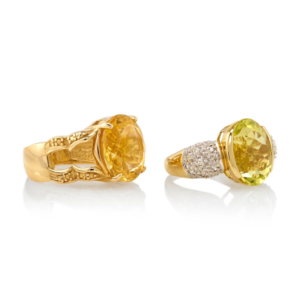 TWO 14K GOLD, CITRINE, PERIDOT, AND DIAMOND RINGS - 2