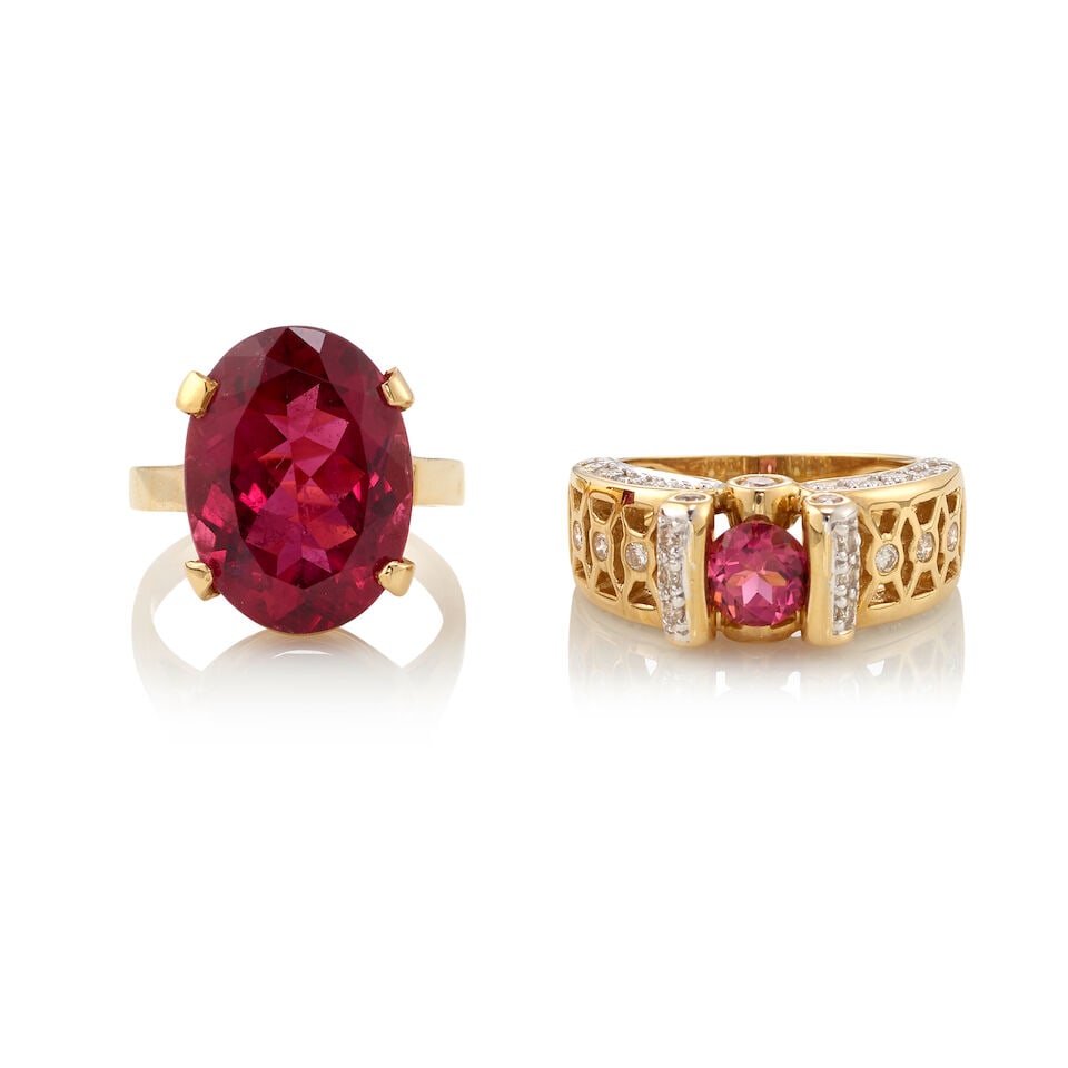 TWO 14K GOLD, TOURMALINE, AND DIAMOND RINGS (1 of 2)