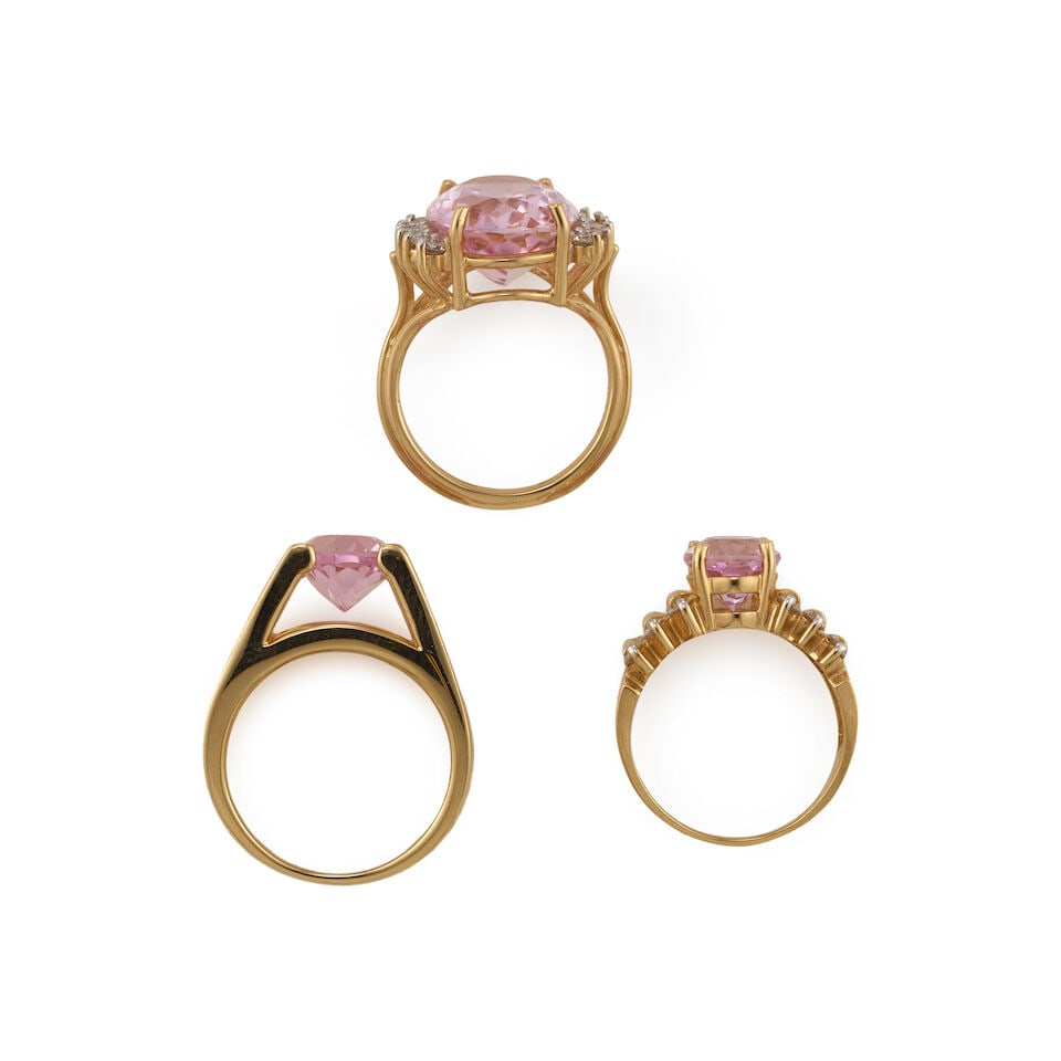 THREE 14K GOLD, KUNZITE, AND DIAMOND RINGS - 3