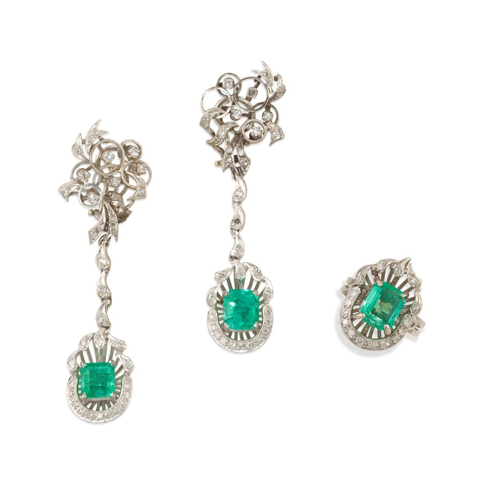 GREEN BERYL AND DIAMOND SET: GREEN BERYL AND DIAMOND SET • Pair of earrings with white precious metal alloy composed primarily of silver with palladium and minor gold content, with numerous round diamonds weighing