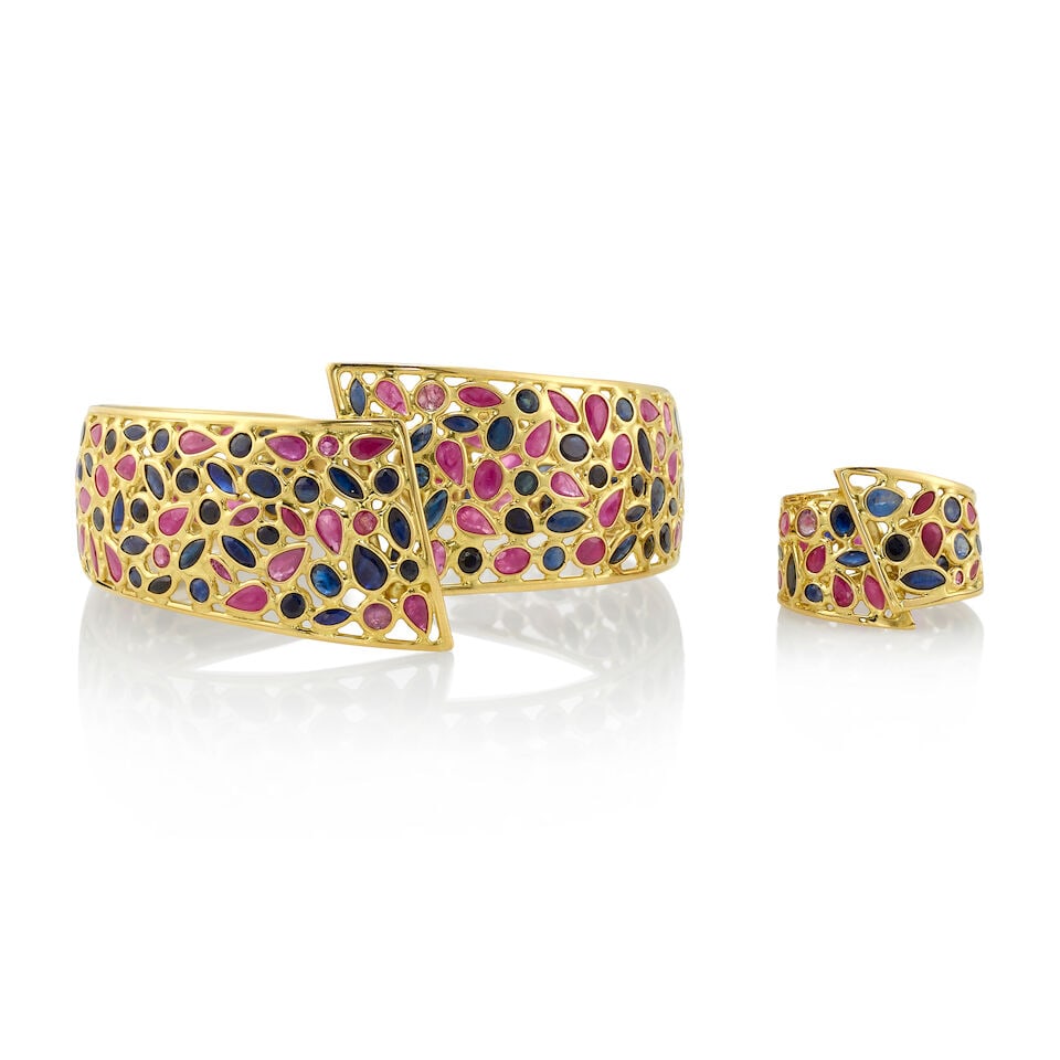 18K GOLD, RUBY, AND SAPPHIRE RING AND BANGLE - 2