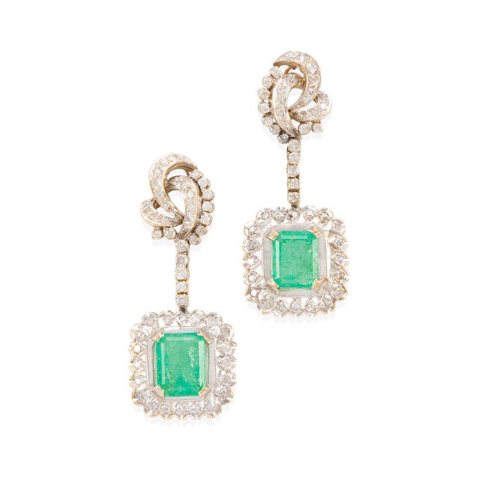 PAIR OF 14K GOLD, EMERALD AND DIAMOND EARRINGS: PAIR OF 14K GOLD, EMERALD AND DIAMOND EARRINGS • 14k white and yellow gold • 2 rectangular emeralds weighing approximately 6.50 - 6.60 carats total • Numerous round diamonds weighing