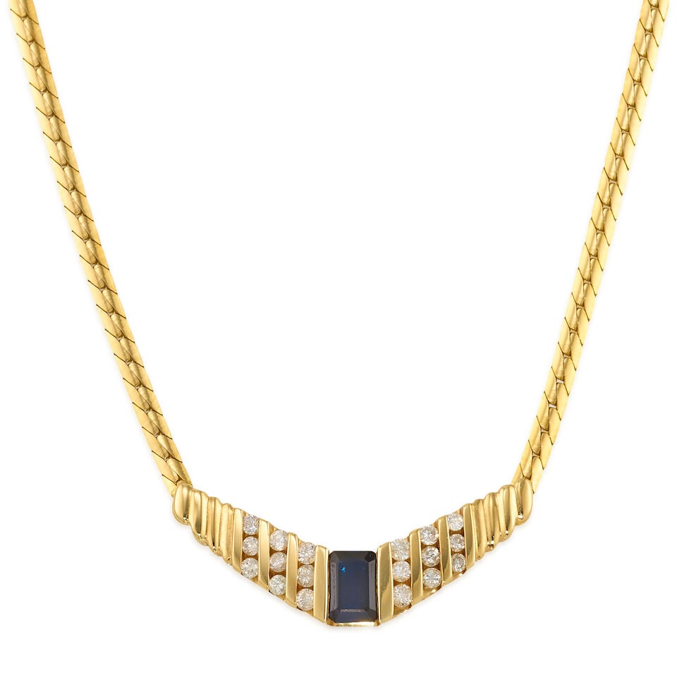 14K GOLD, SAPPHIRE, AND DIAMOND NECKLACE: 14K GOLD, SAPPHIRE, AND DIAMOND NECKLACE • 14K yellow gold • One rectangular step cut sapphire measuring approximately 6.85mm x 4.44mm x depth cannot be determined due to setting • 1