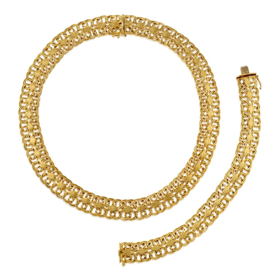 14K GOLD NECKLACE AND BRACELET: 14K GOLD NECKLACE AND BRACELET • One 14K yellow gold necklace, length 18 in. • One 14K yellow gold bracelet, length 7 1/2 in. • Estimated gross weight: 45.7 grams Footnotes: Overall
