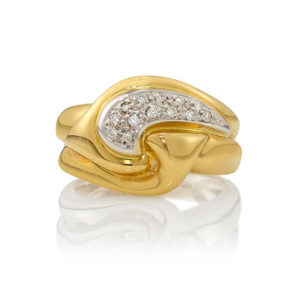 18K GOLD AND DIAMOND RING: 18K GOLD AND DIAMOND RING • 18K yellow gold • 13 round shaped diamonds weighing approximately 0.10 carat total • Size 7 1/2 • Estimated gross weight: 8.9