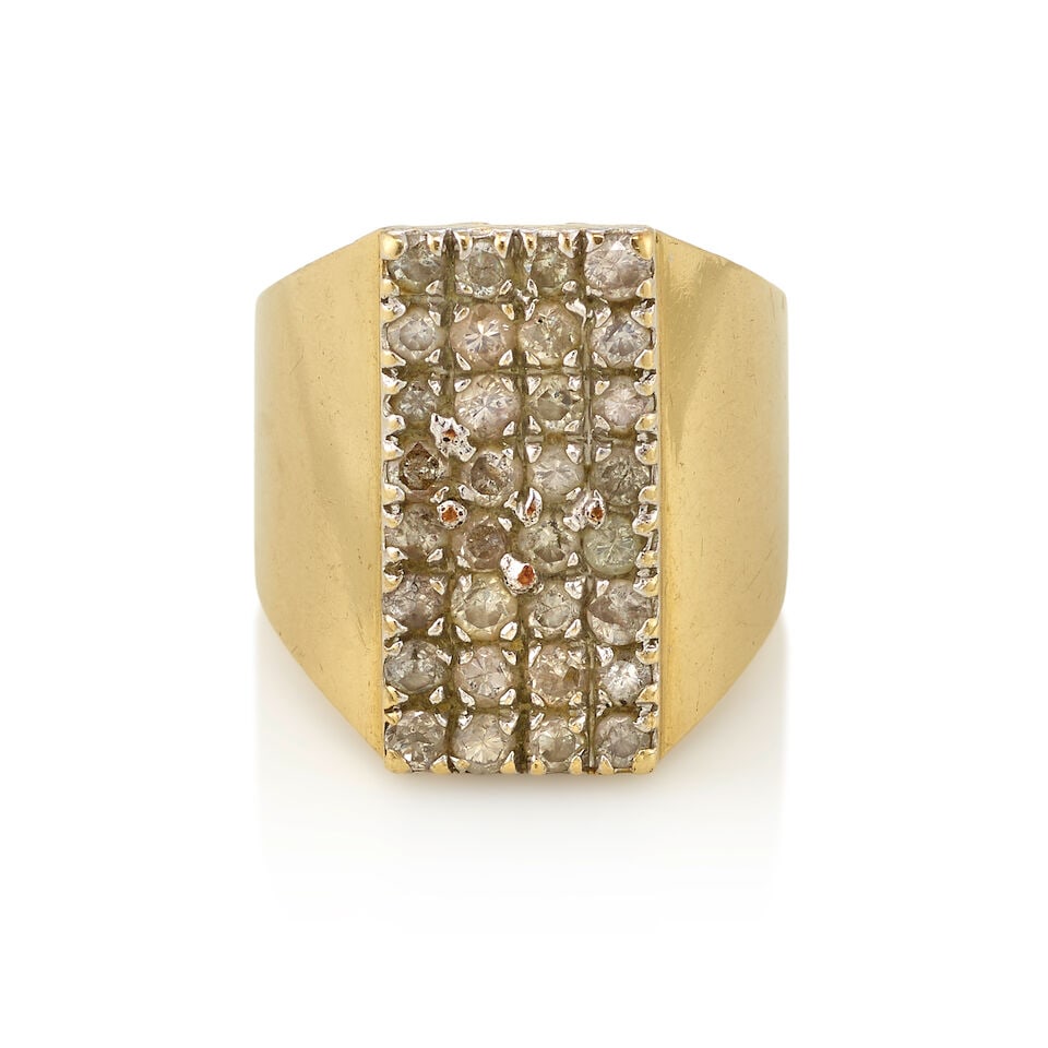 14K GOLD AND DIAMOND RING: 14K GOLD AND DIAMOND RING • 14K yellow gold • Numerous round shaped diamonds weighing approximately 1.25 carats total • Size 7 1/4 • Estimated gross weight: 13.2