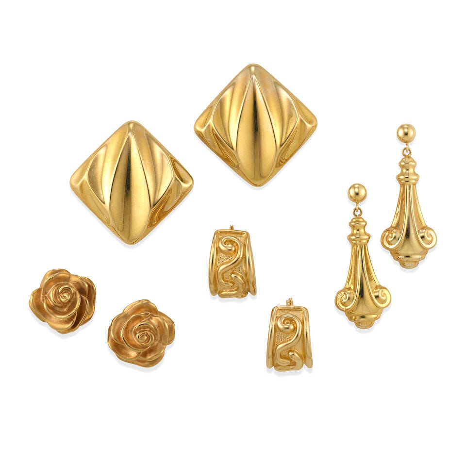 FOUR PAIRS OF GOLD EARRINGS: FOUR PAIRS OF GOLD EARRINGS • Pair of 14K yellow gold rose earrings, measures 3/4 in. x 3/4 in. • Pair of 14K yellow gold square earrings, measures 1 in. x 1 in. • Pair of 14K