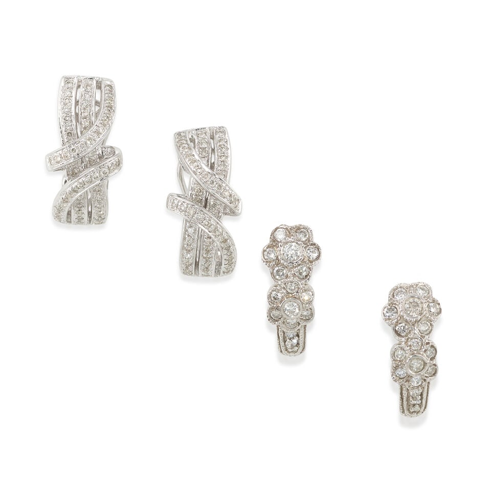 TWO PAIRS OF 14K GOLD AND DIAMOND EARRINGS: TWO PAIRS OF 14K GOLD AND DIAMOND EARRINGS • One pair of 14K white gold earrings with numerous round shaped diamonds, measures 13/16 in. x 7/16 in. • One pair of 14K white gold earrings wi