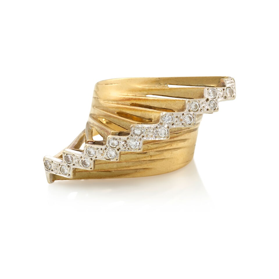 14K GOLD AND DIAMOND RING: 14K GOLD AND DIAMOND RING • 14K yellow gold • Numerous round shaped diamonds weighing approximately 0.16 carat total • Size 6 1/2 • Estimated gross weight: 12.2