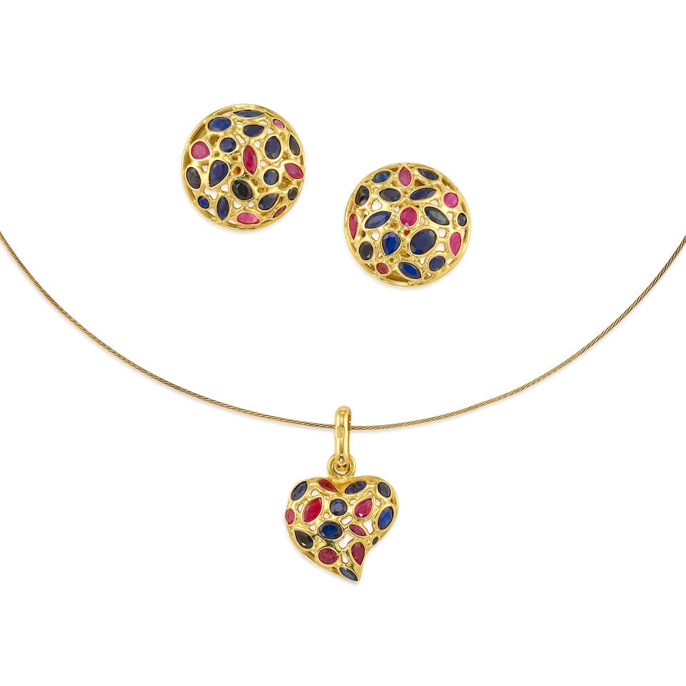 GOLD AND GEMSET PENDANT NECKLACE AND EARRINGS: GOLD AND GEMSET PENDANT NECKLACE AND EARRINGS • One pair of 18K yellow gold earrings with sapphires and rubies of various shapes and sizes, measuring approximately 2.06mm to 4.63mm in diameter,