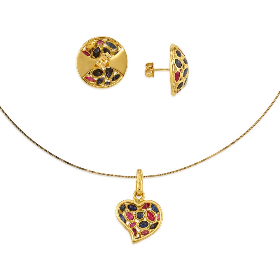 GOLD AND GEMSET PENDANT NECKLACE AND EARRINGS - 2