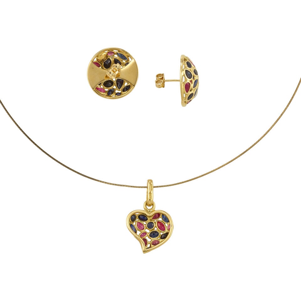 GOLD AND GEMSET PENDANT NECKLACE AND EARRINGS - 3