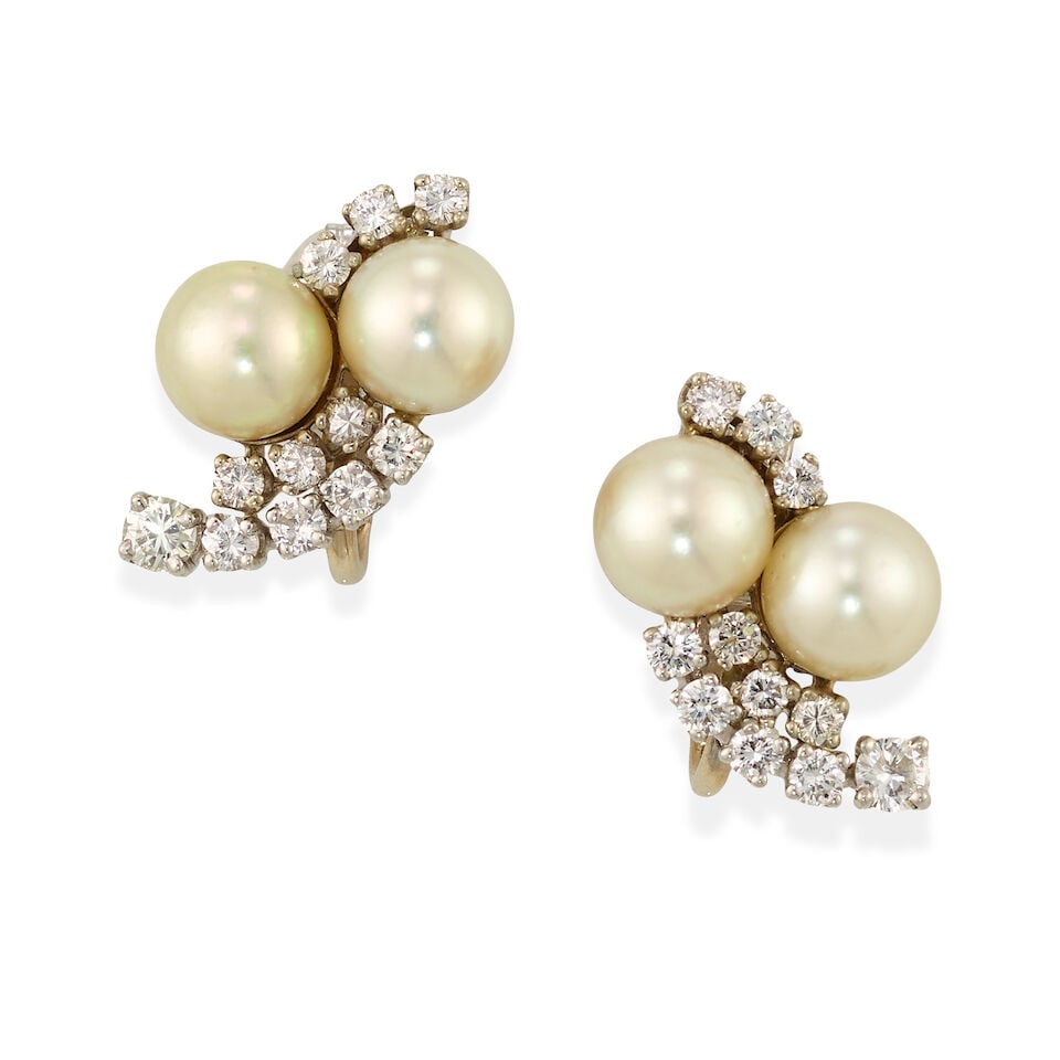 GOLD, CULTURED PEARL, AND DIAMOND EARRINGS: GOLD, CULTURED PEARL, AND DIAMOND EARRINGS • 13K and 8K white gold • Four cultured pearls measuring approximately 7.60mm in diameter • Numerous round shaped diamonds weighing