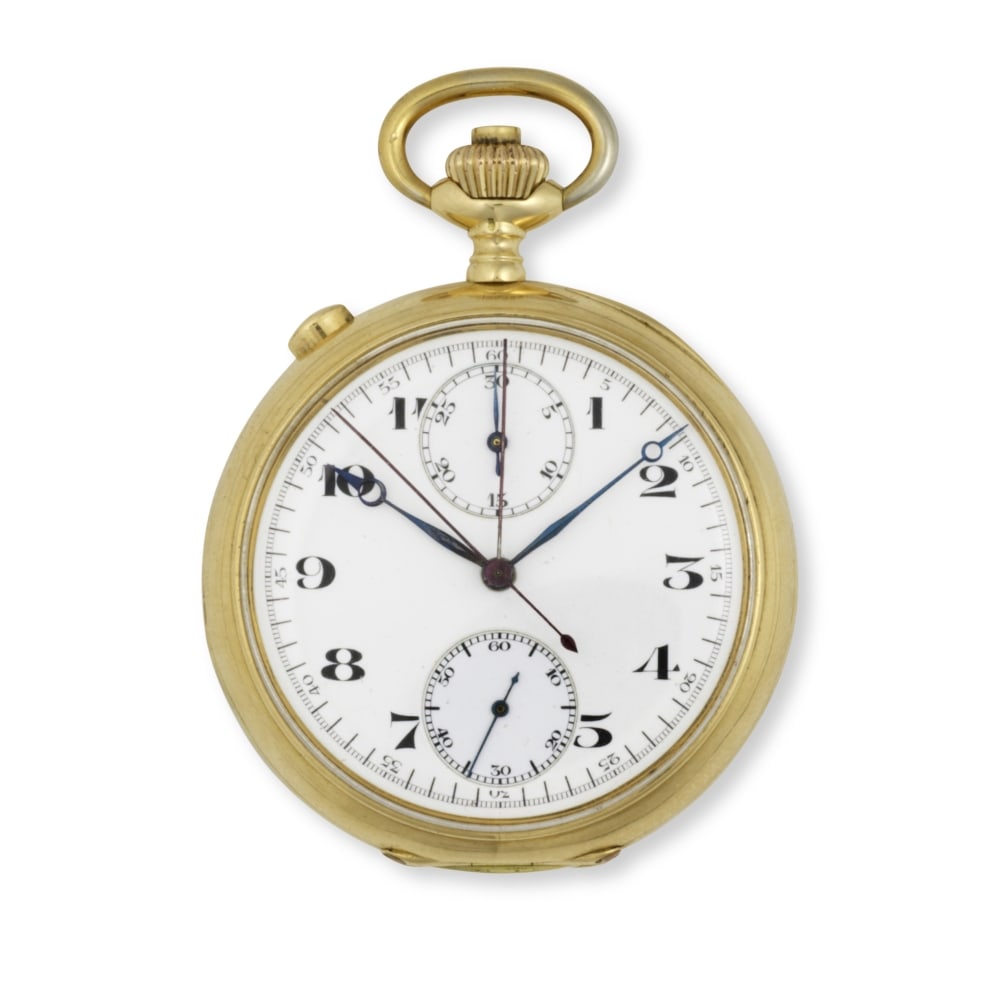 Zenith. An 18K gold keyless wind open face split second chronograph pocket watch Zenith. Chronog...: Zenith. An 18K gold keyless wind open face split second chronograph pocket watch Zenith. Chronographe de poche à cadran ouvert en or jaune 18K (750) avec seconde rattrapante remontoir au pendant 
