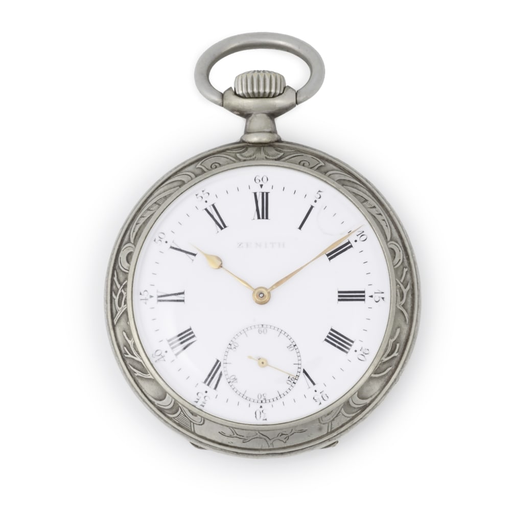 Zenith. A rare niello and metal base keyless wind open face pocket watch with fine engravings by... (1 of 1)