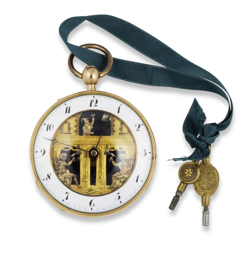 Anhard à Genève. A fine and heavy Empire 18K gold open face key wind pocket watch with...: Anhard à Genève. A fine and heavy Empire 18K gold open face key wind pocket watch with three automatons and quarter repeating function Anhard à Genève. Belle et large montre de gou