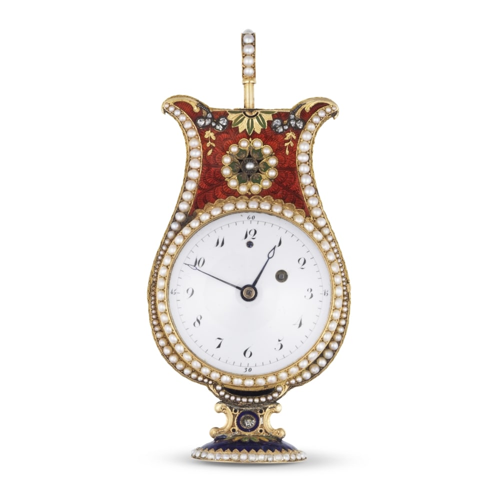 A unique and very fine 18K gold open face key wind amphora style enamelled table watch attribute... (1 of 1)