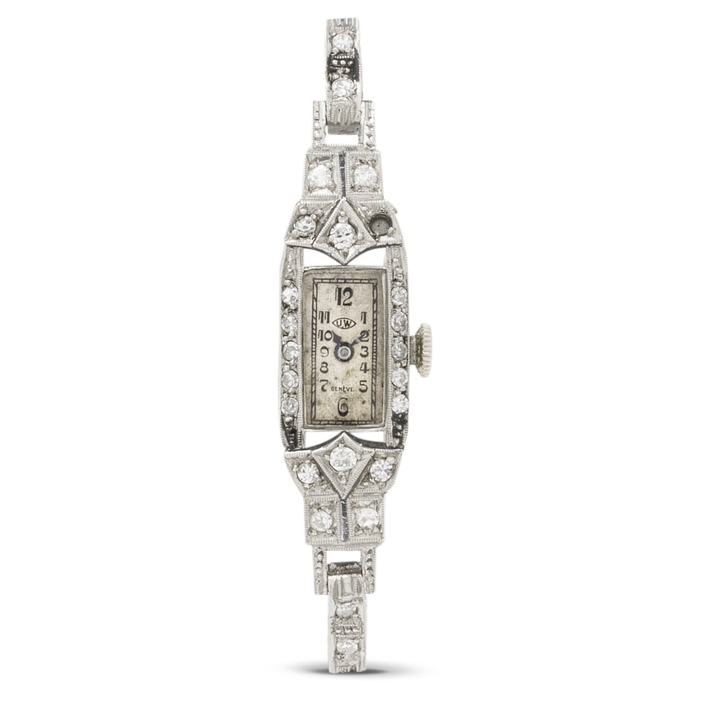 Universal Watch. A very fine and elegant lady's Art Deco platinum and diamond set manual wind co... (1 of 1)