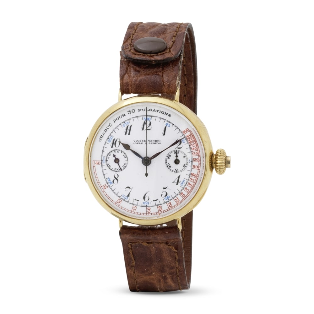 Ulysse Nardin. An extremely rare and important 18K gold manual wind single button chronograph Ul...: Ulysse Nardin. An extremely rare and important 18K gold manual wind single button chronograph Ulysse Nardin. Très rare chronographe mono-poussoir en or jaune 18K (750) mouvement mécanique Da