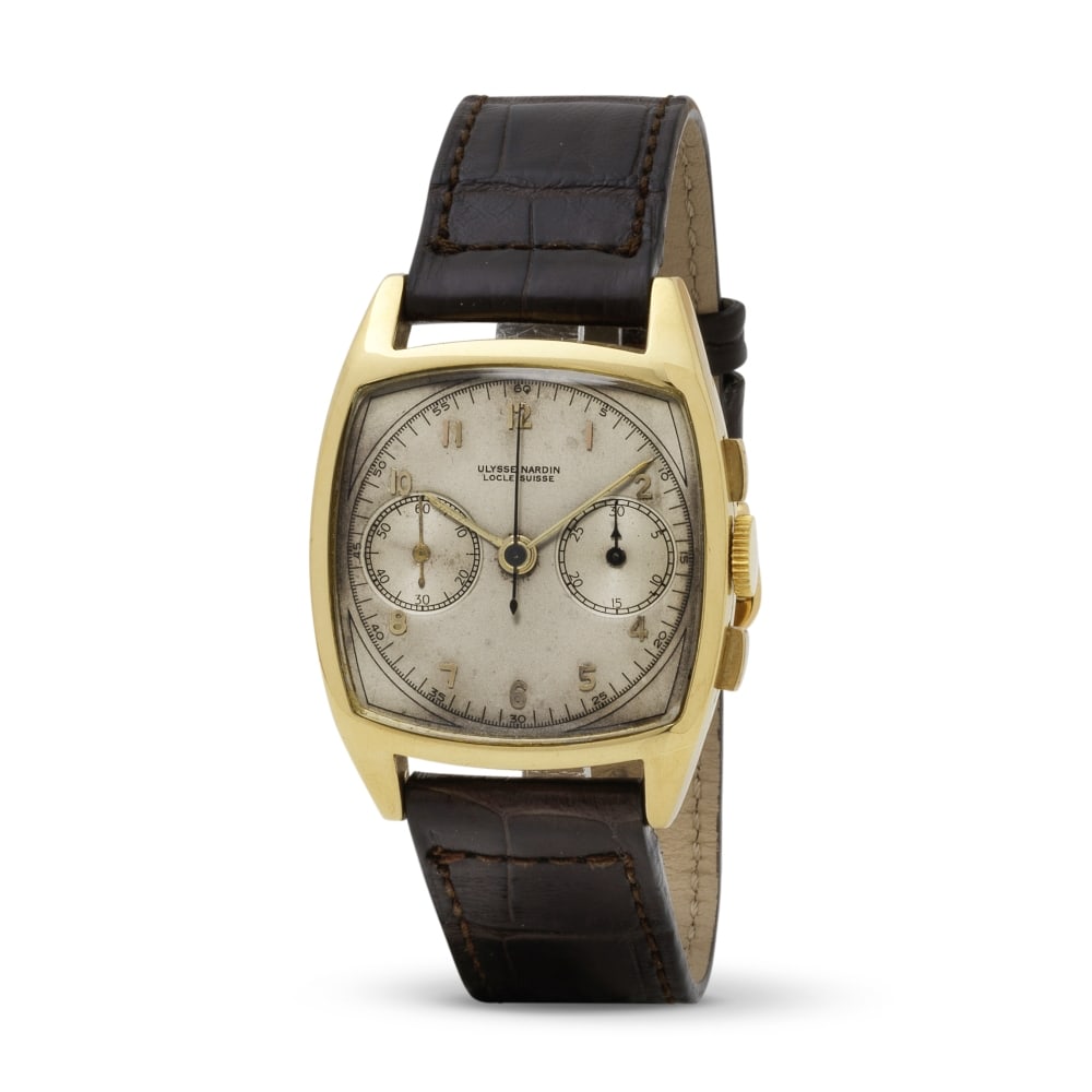 Ulysse Nardin. An extremely rare and important heavy shield shaped 18K gold chronograph wristwat... (1 of 1)
