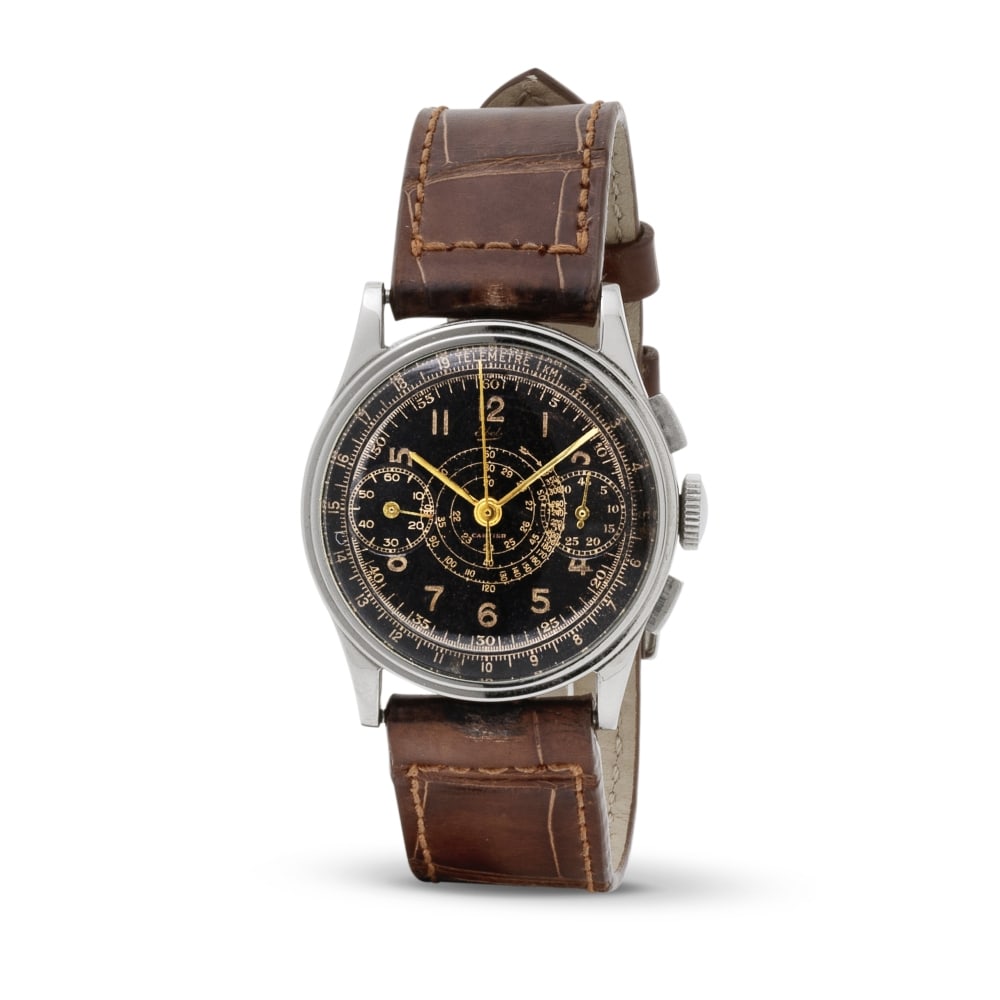 Ebel for Cartier. A staybrite steel manual wind chronograph wristwatch Ebel pour Cartier. Chrono...: Ebel for Cartier. A staybrite steel manual wind chronograph wristwatch Ebel pour Cartier. Chronographe bracelet en acier staybrite mouvement mécanique Date: Circa 1940 Movement: Jewelled manual w