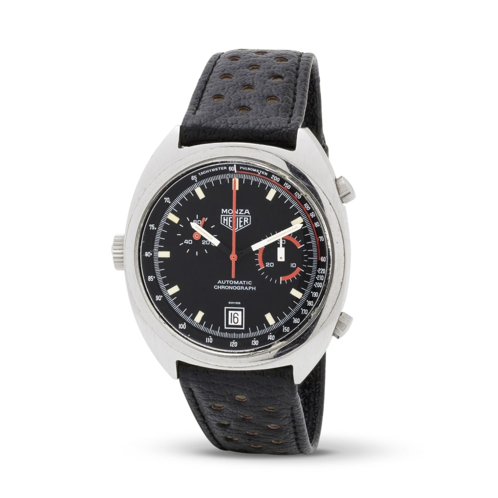 Heuer. A fine stainless steel automatic calendar chronograph wristwatch Heuer. Beau chronographe... (1 of 1)