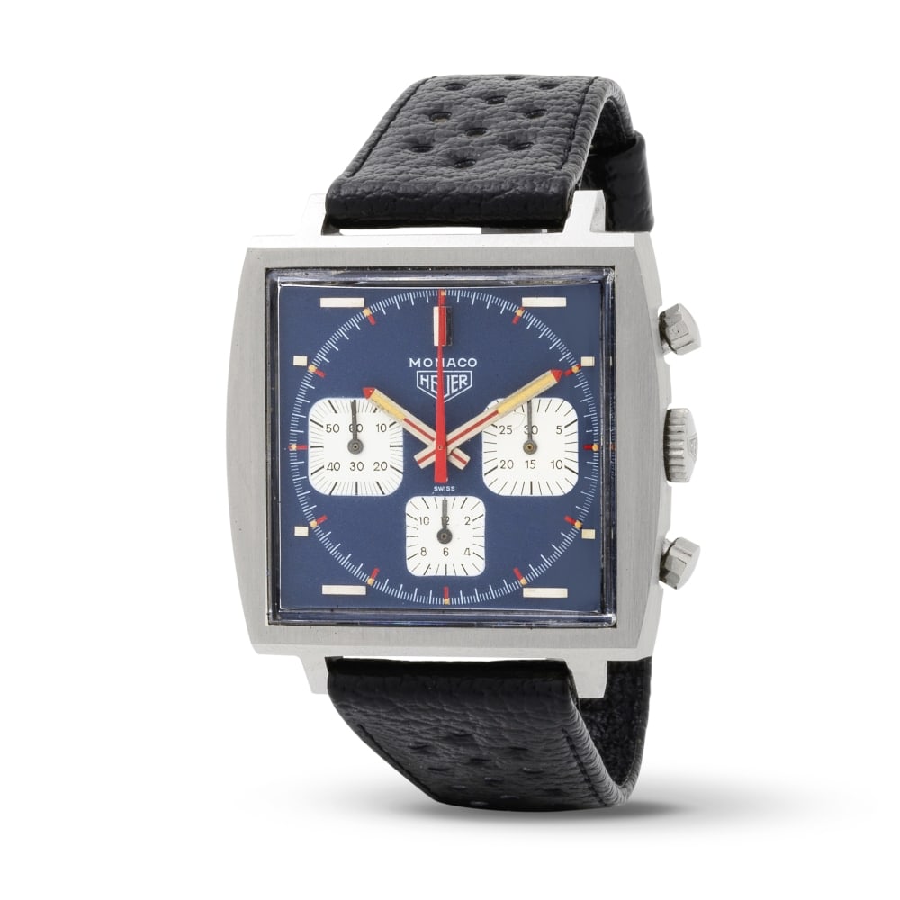Heuer. A fine stainless steel manual wind chronograph square wristwatch Heuer. Beau chronographe... (1 of 1)