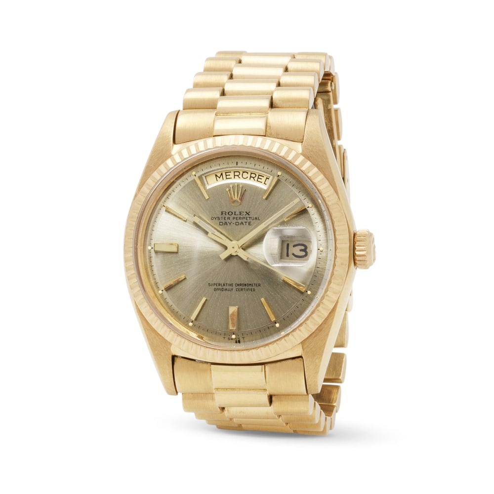 Rolex. An 18K rose gold automatic calendar bracelet watch Rolex. Montre bracelet en or rose 18K ...: Rolex. An 18K rose gold automatic calendar bracelet watch Rolex. Montre bracelet en or rose 18K (750) avec date mouvement automatique Model: Day-Date Reference: 1803 Date: Circa 1967 Movement: 26-jewe