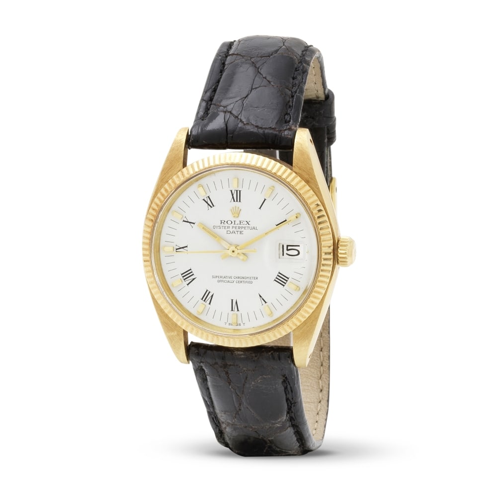 Rolex. An 18K gold automatic calendar wristwatch Rolex. Montre bracelet en or jaune 18K (750) av...: Rolex. An 18K gold automatic calendar wristwatch Rolex. Montre bracelet en or jaune 18K (750) avec date mouvement automatique Model: Date Reference: 1503 Date: Circa 1980 Movement: 26-jewel Cal.1570 a