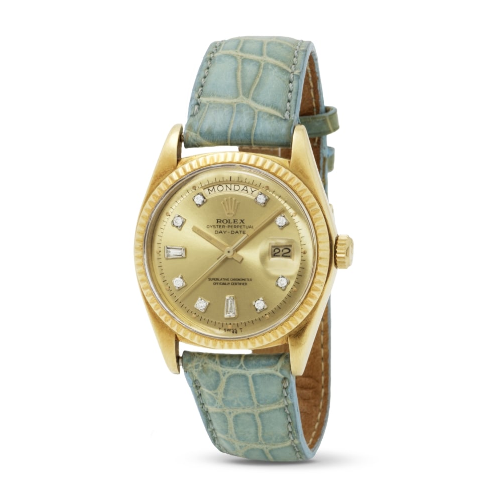 Rolex. A very fine and rare 18K gold automatic calendar wristwatch with very rare diamond set di... (1 of 1)