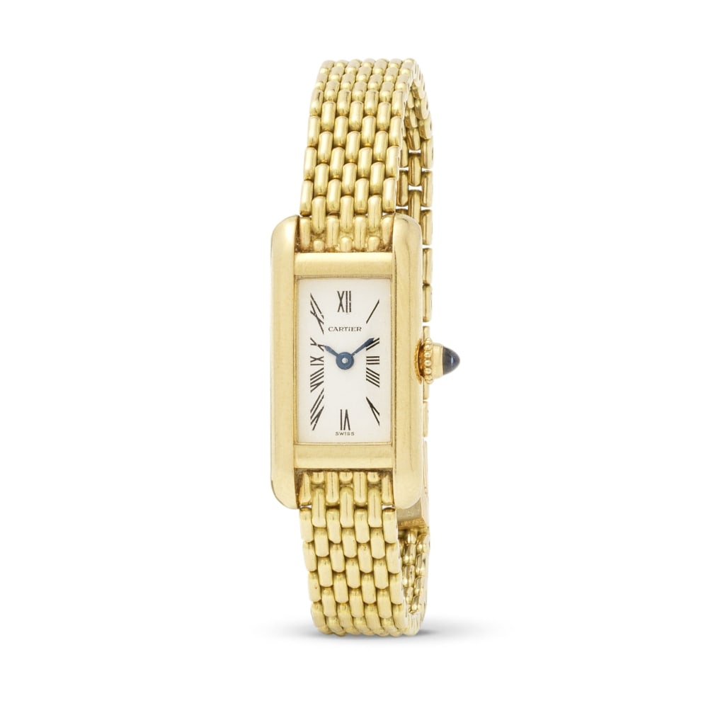 Cartier. A fine lady's 18K gold quartz bracelet watch Cartier. Belle montre de dame en or jaune ...: Cartier. A fine lady's 18K gold quartz bracelet watch Cartier. Belle montre de dame en or jaune 18K (750) mouvement quartz Model: Tank Mini Reference: 0109 Date: Circa 2010 Movement: 5-jewel ETA Cal.2