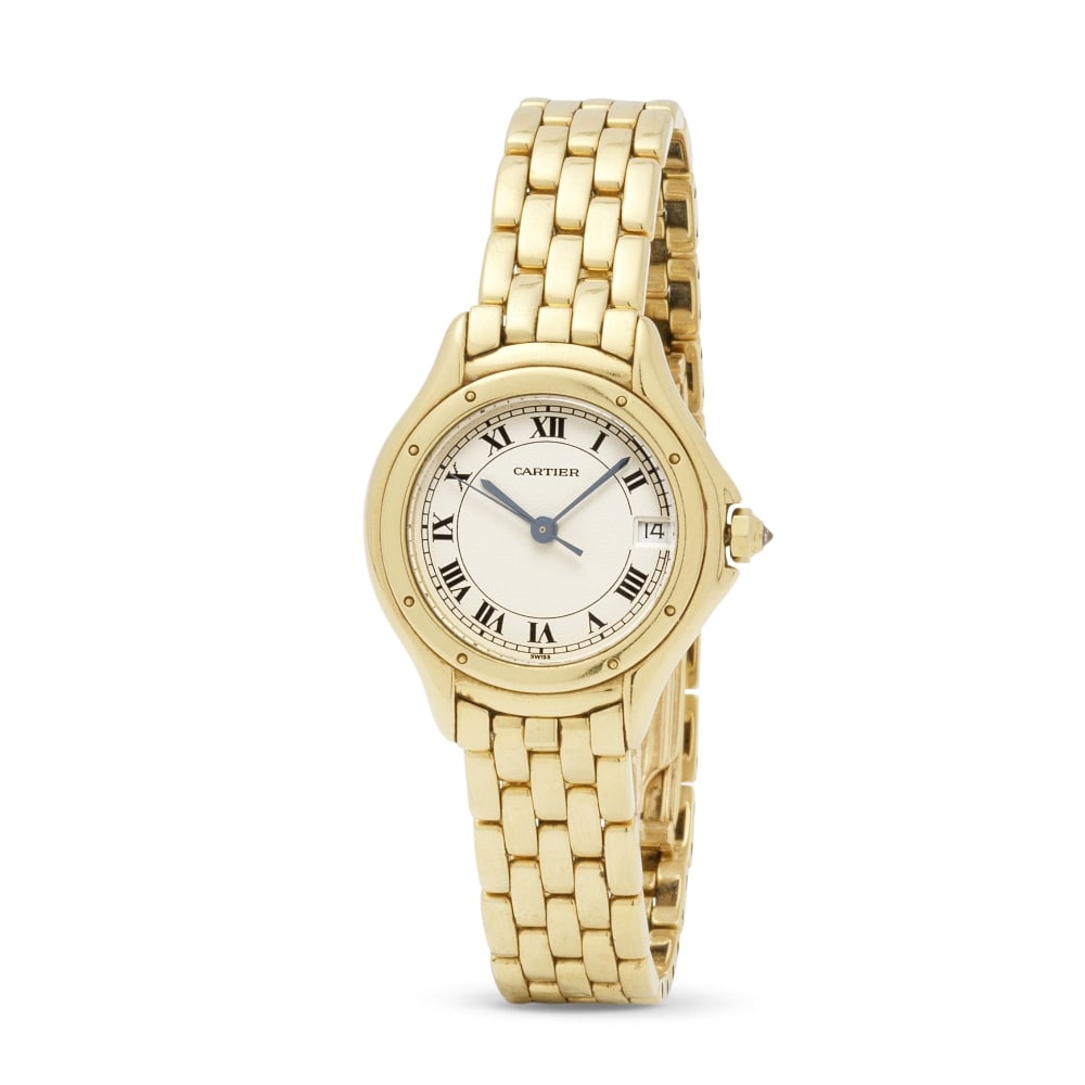 Cartier. A fine lady's 18K gold quartz calendar bracelet watch Cartier. Belle montre bracelet de... (1 of 1)