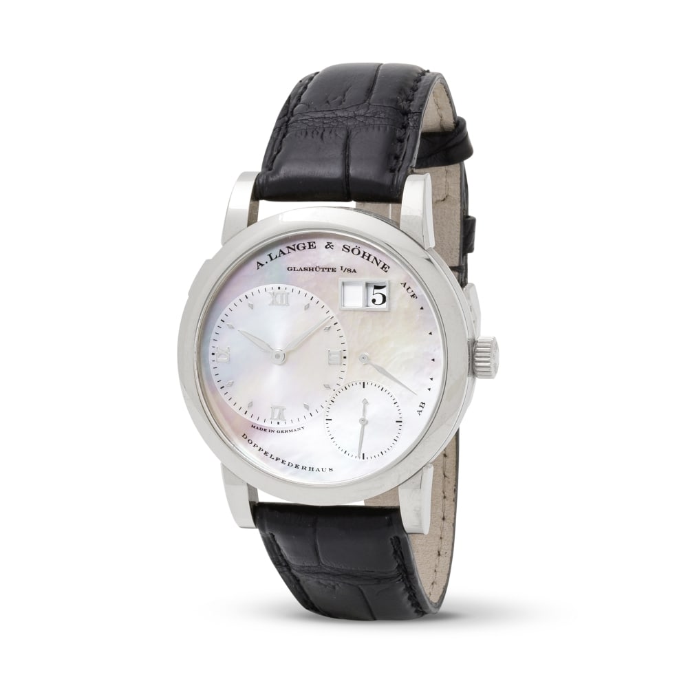 A. Lange & Söhne. A fine and rare 18K white gold manual wind calendar wristwatch with mothe... (1 of 1)