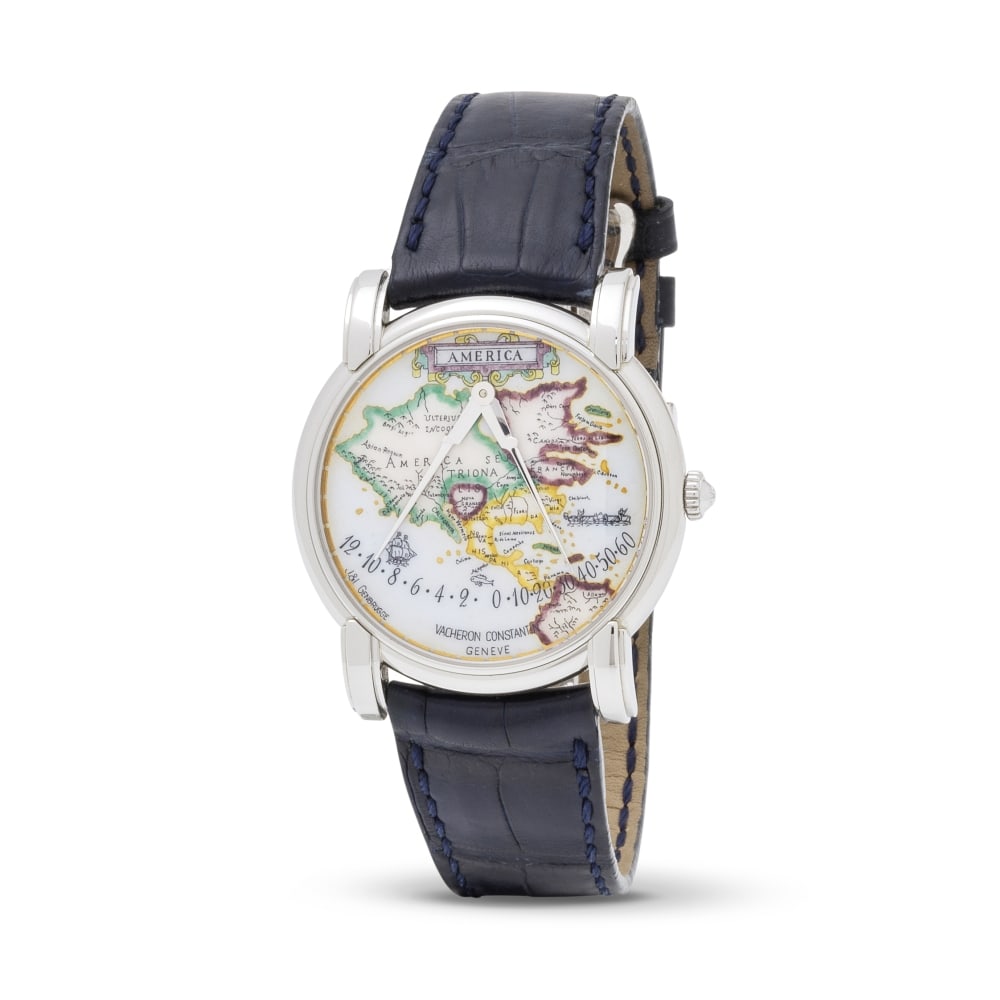 Vacheron Constantin. A very fine and rare platinum automatic wristwatch with retrograde marine d...: Vacheron Constantin. A very fine and rare platinum automatic wristwatch with retrograde marine divider hands and enamel dial depicting map of America Vacheron Constantin. Belle et rare montre bracelet