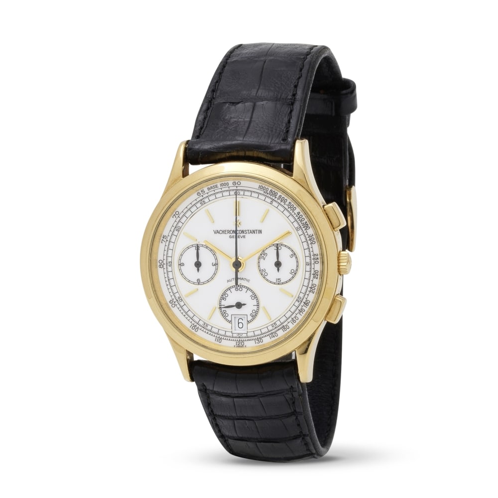 Vacheron Constantin. A fine and rare never worn condition 18K gold automatic chronograph wristwa...: Vacheron Constantin. A fine and rare never worn condition 18K gold automatic chronograph wristwatch with sigma dial Vacheron Constantin. Beau et rare chronographe bracelet en excellent état en or