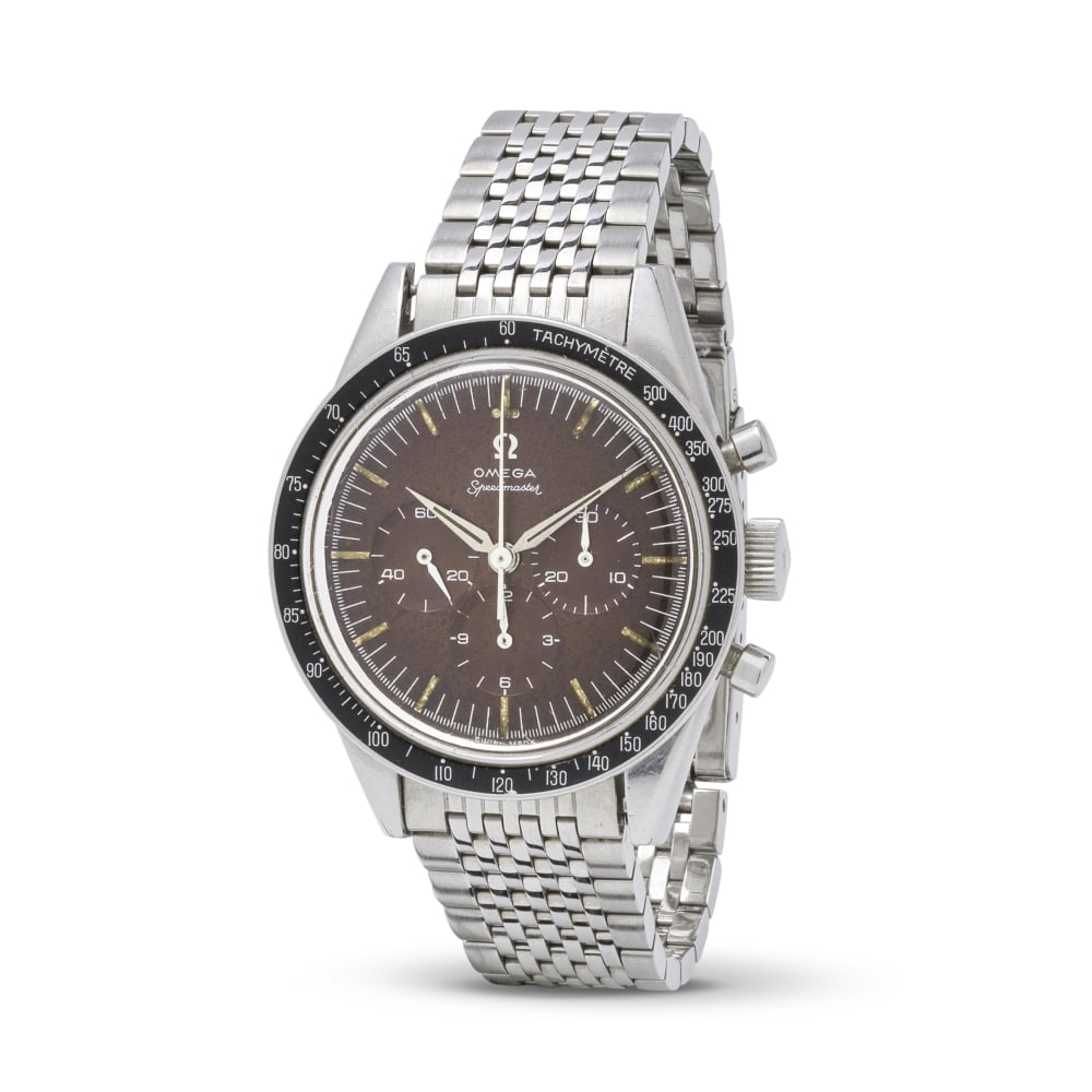 Omega. A fine and rare stainless steel manual wind chronograph bracelet watch with a very attrac...: Omega. A fine and rare stainless steel manual wind chronograph bracelet watch with a very attractive tropical 'rusty brown' dial Omega. Beau et rare chronographe bracelet en acier avec très beau 
