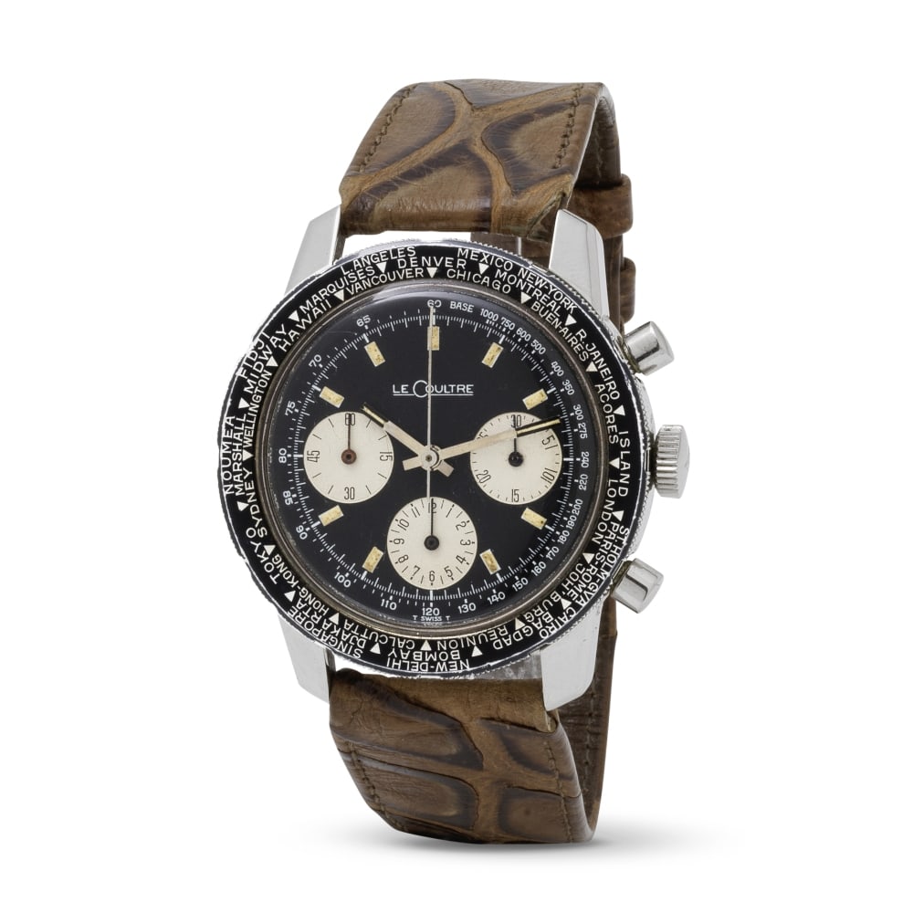 LeCoultre. A fine and rare stainless steel manual wind chronograph wristwatch with 'world time' ...: LeCoultre. A fine and rare stainless steel manual wind chronograph wristwatch with 'world time' bezel LeCoultre. Beau et rare chronographe bracelet en acier avec lunette 'world time' mouvement mé