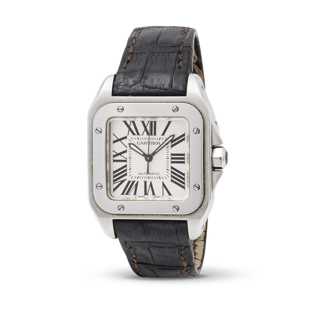 Cartier. A stainless steel automatic calendar wristwatch Cartier. Montre bracelet en acier avec ...: Cartier. A stainless steel automatic calendar wristwatch Cartier. Montre bracelet en acier avec date mouvement automatique Model: Santos 100 Reference: 2878 Date: Circa 2000 Movement: 25-jewel ETA Cal