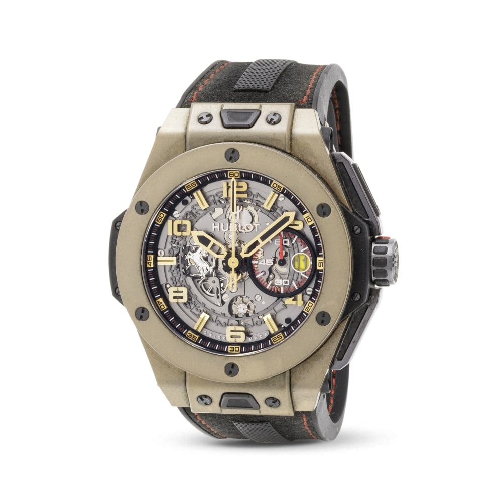Hublot. A limited edition 18K Magic Gold and titanium skeletonised automatic calendar chronograp...: Hublot. A limited edition 18K Magic Gold and titanium skeletonised automatic calendar chronograph wristwatch Hublot. Chronographe bracelet en Magic Gold 18K et titane en édition limitée avec