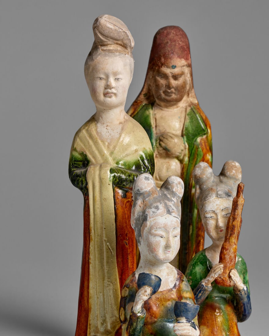 FOUR SANCAI-GLAZED POTTERY FIGURES Tang dynasty; the two musicians Tang style, 20th century (4) - 2