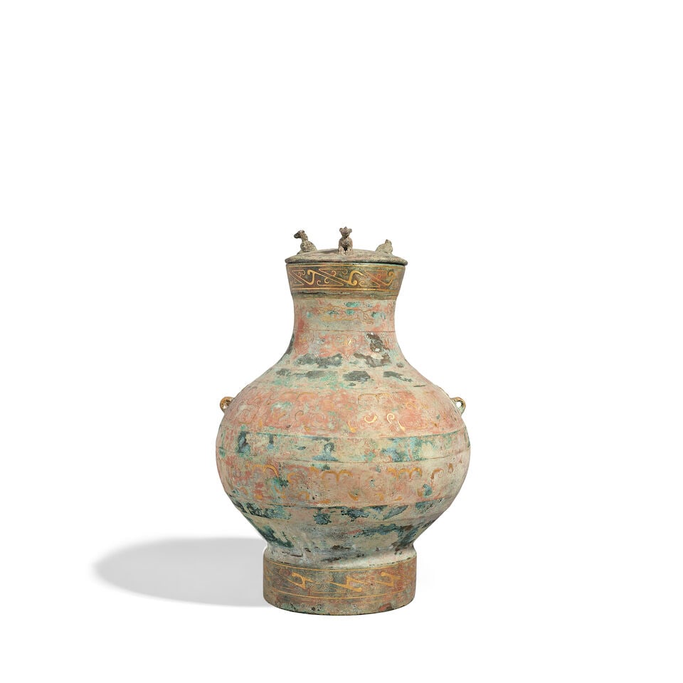 AN INLAID BRONZE VESSEL AND COVER, HU Han style, 20th century (1 of 2)