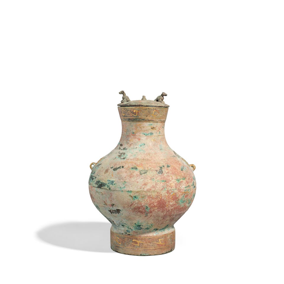 AN INLAID BRONZE VESSEL AND COVER, HU Han style, 20th century - 2
