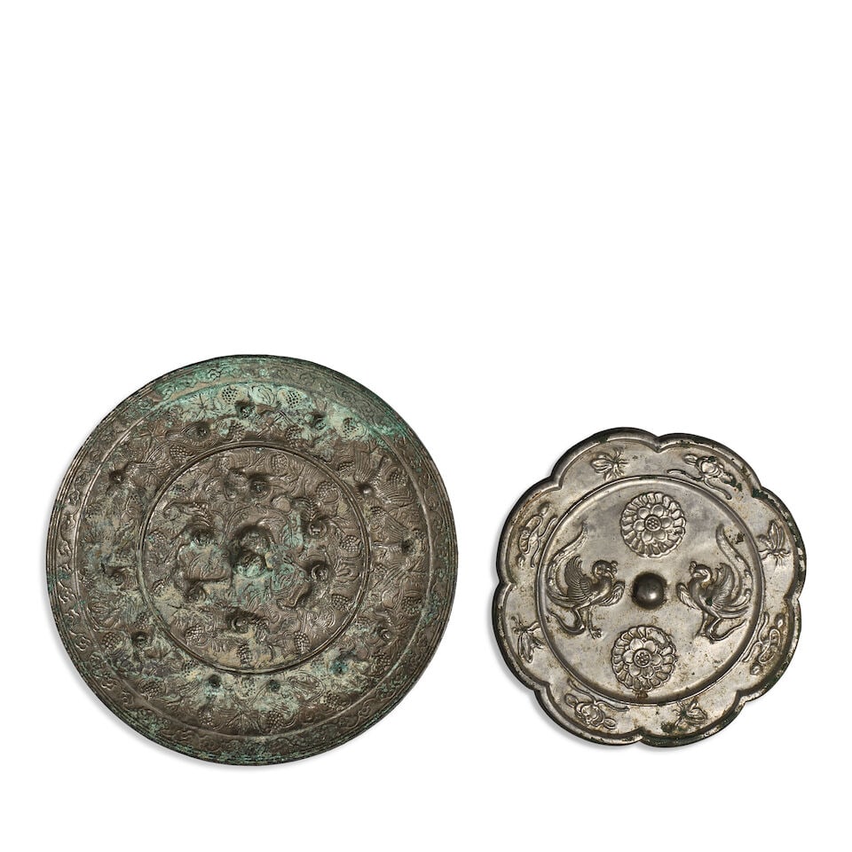 TWO BRONZE MIRRORS Tang style, 20th century (2, one with red velvet stand) (1 of 1)